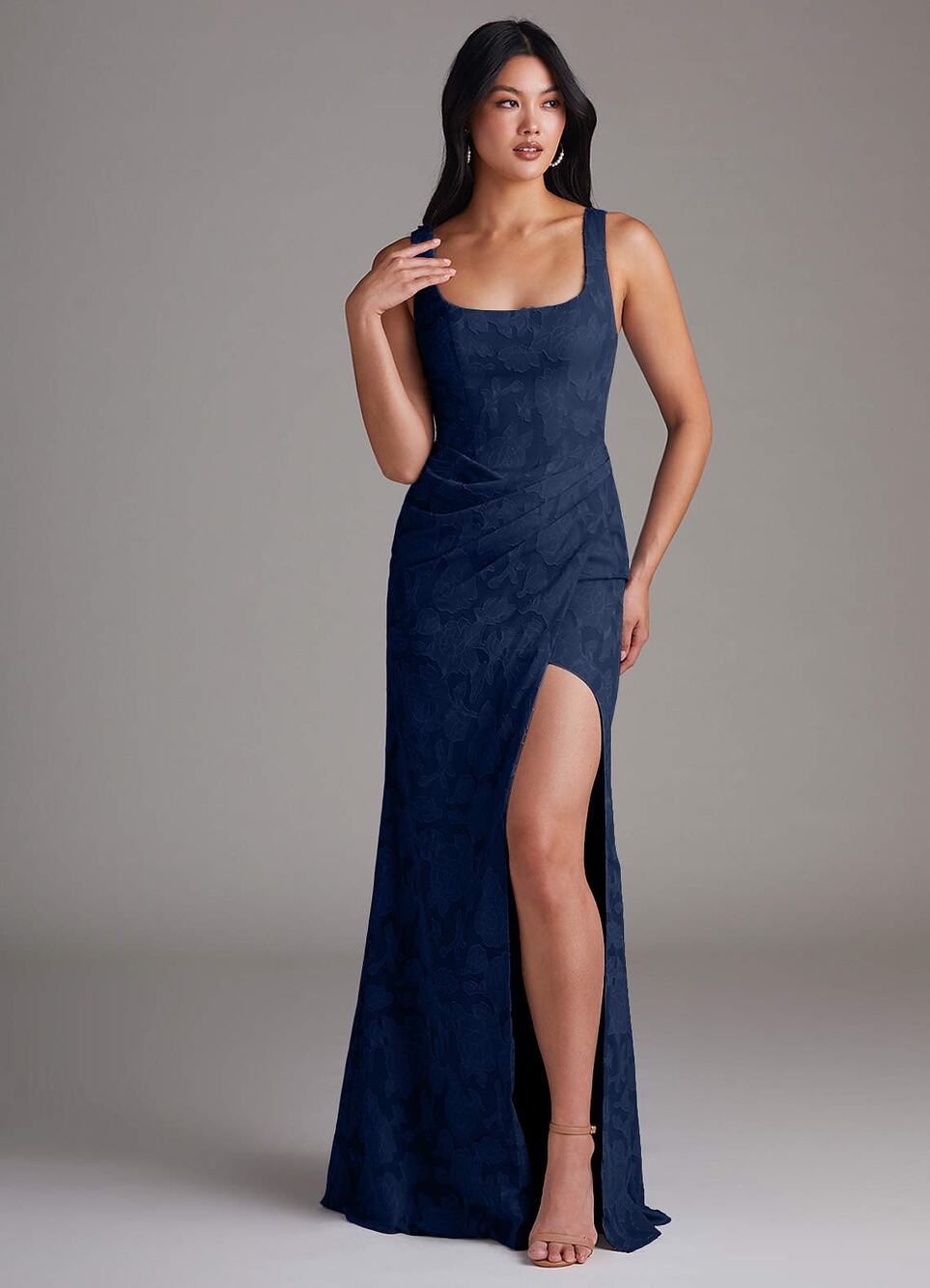 NWT Azazie Mero Dark Navy Sheath Pleated Floral Burnout Dress size 12